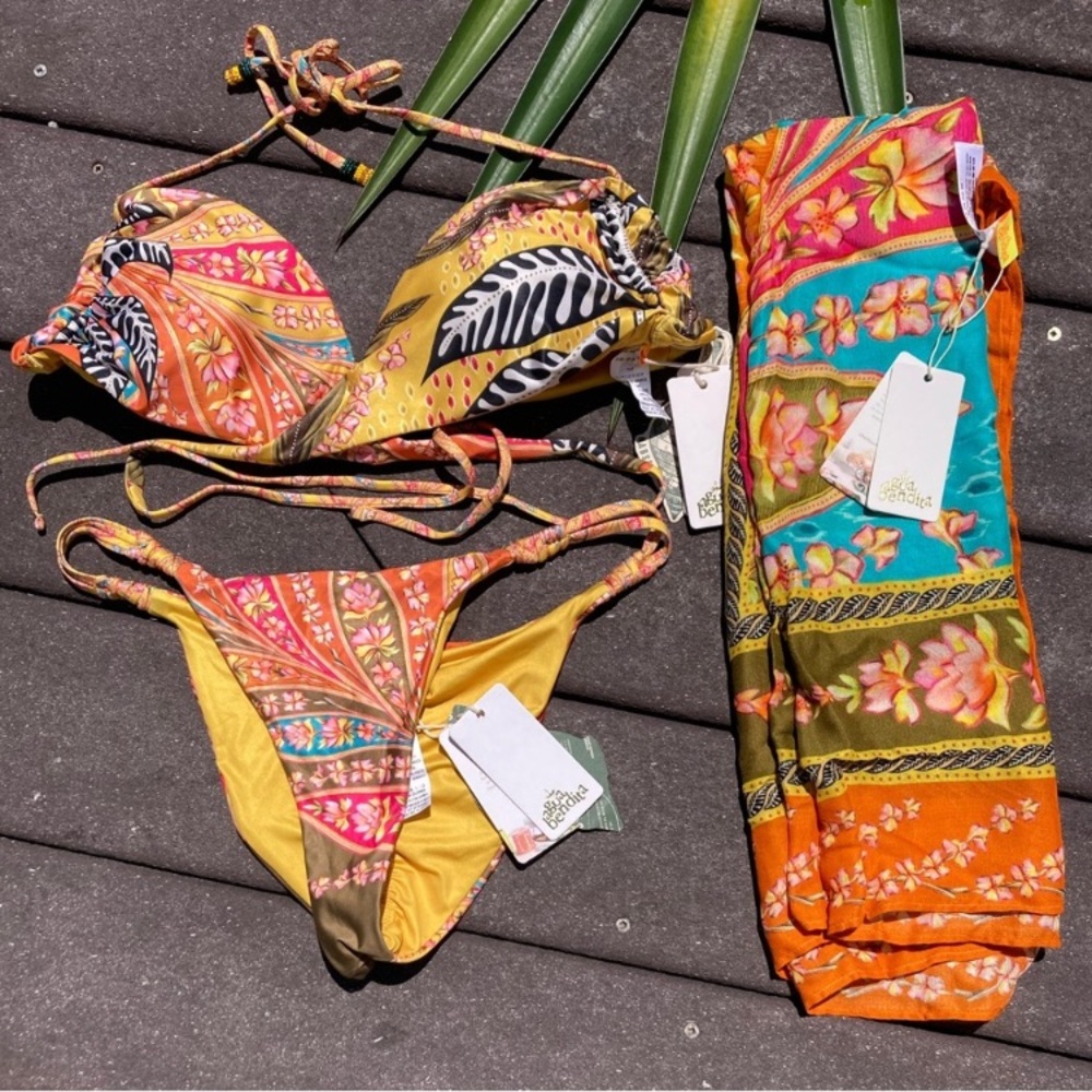 AGUA BENDITA 3 Pc Set! Nefti Lula Bikini Top & Jude Lula Bottom with Scarf - L